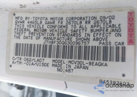 2003 Lexus Es 300 из США, поврежденный, VIN JTHBF30G630096757